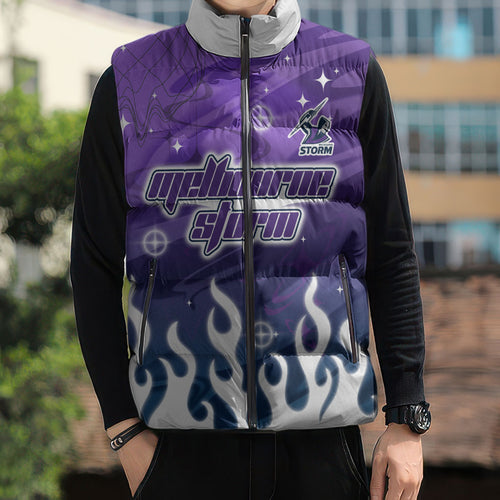 Personalized Melbourne Storm Sleeveless Puffer Jacket Y2K Grunge Aesthetic With Cyber Flames and Starburst Graphics