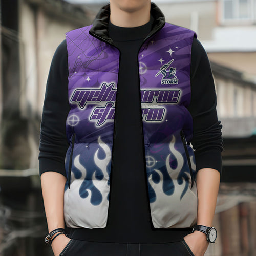 Personalized Melbourne Storm Sleeveless Puffer Jacket Y2K Grunge Aesthetic With Cyber Flames and Starburst Graphics