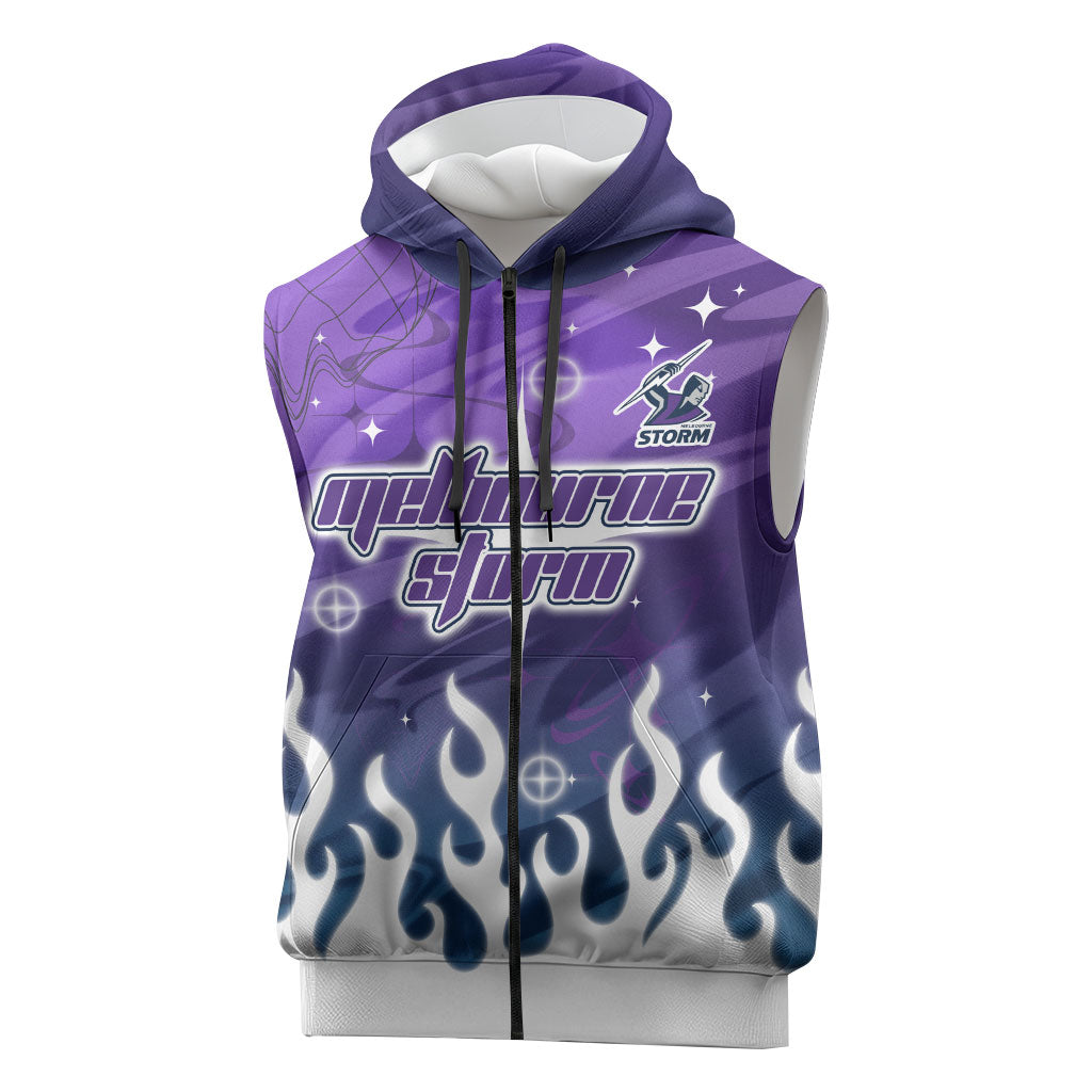 Personalized Melbourne Storm Sleeveless Zip Hoodie Y2K Grunge Aesthetic With Cyber Flames and Starburst Graphics