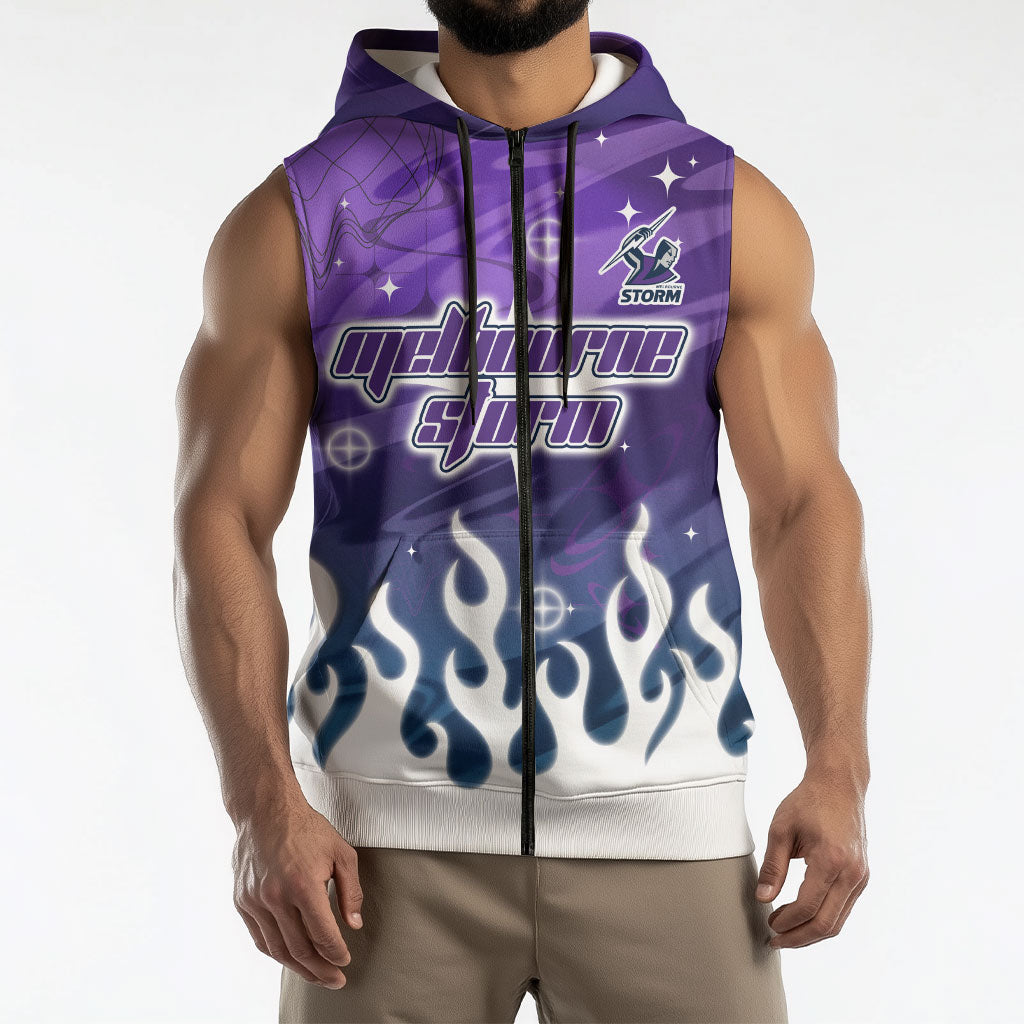 Personalized Melbourne Storm Sleeveless Zip Hoodie Y2K Grunge Aesthetic With Cyber Flames and Starburst Graphics