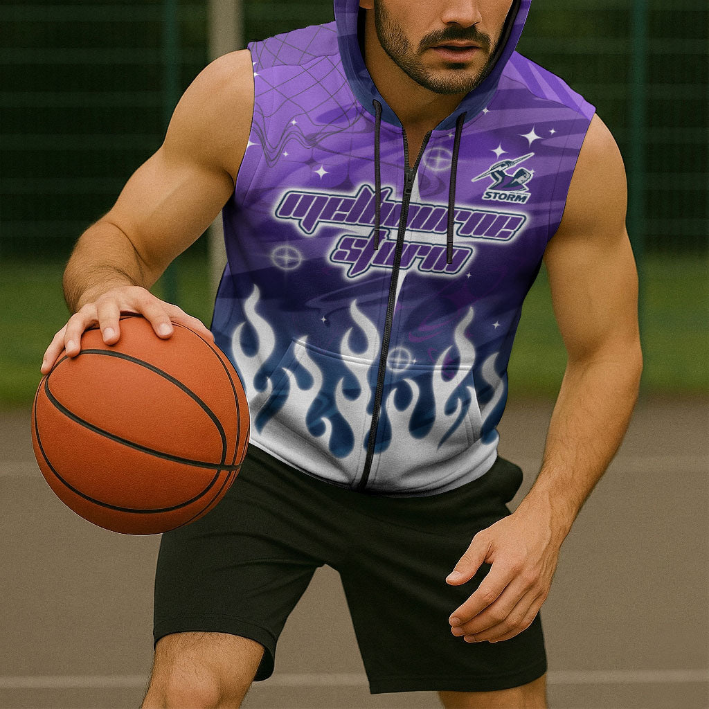 Personalized Melbourne Storm Sleeveless Zip Hoodie Y2K Grunge Aesthetic With Cyber Flames and Starburst Graphics