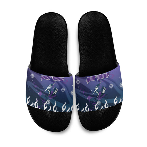 Personalized Melbourne Storm Slide Sandals Y2K Grunge Aesthetic With Cyber Flames and Starburst Graphics