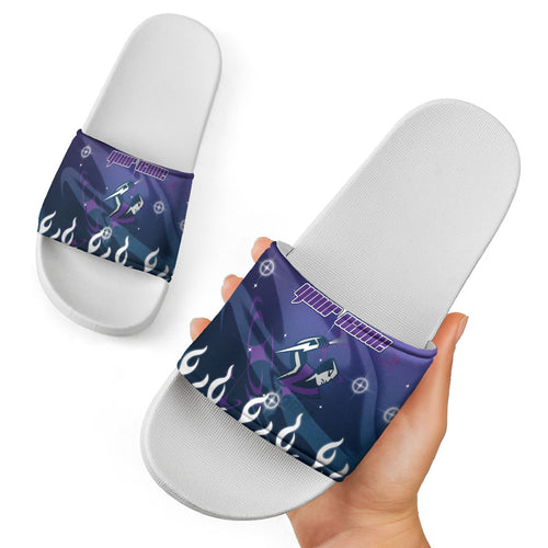 Personalized Melbourne Storm Slide Sandals Y2K Grunge Aesthetic With Cyber Flames and Starburst Graphics