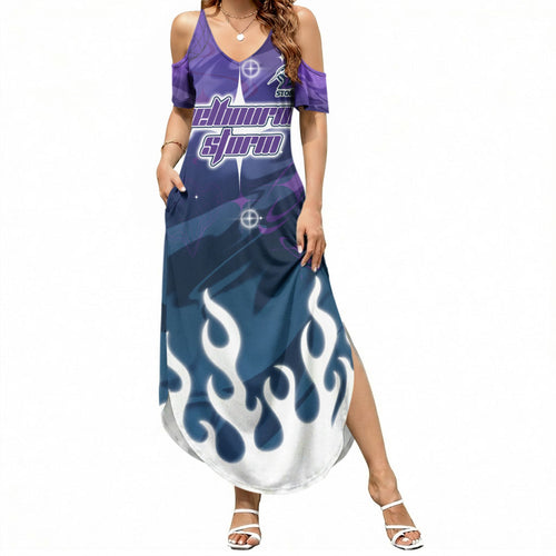Personalized Melbourne Storm Summer Maxi Dress Y2K Grunge Aesthetic With Cyber Flames and Starburst Graphics