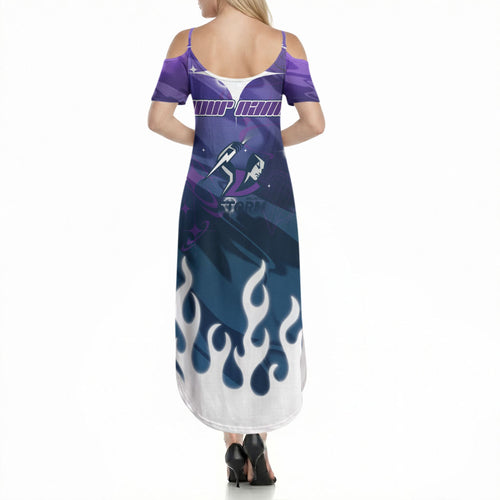 Personalized Melbourne Storm Summer Maxi Dress Y2K Grunge Aesthetic With Cyber Flames and Starburst Graphics
