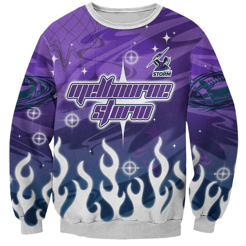 Personalized Melbourne Storm Sweatshirt Y2K Grunge Aesthetic With Cyber Flames and Starburst Graphics
