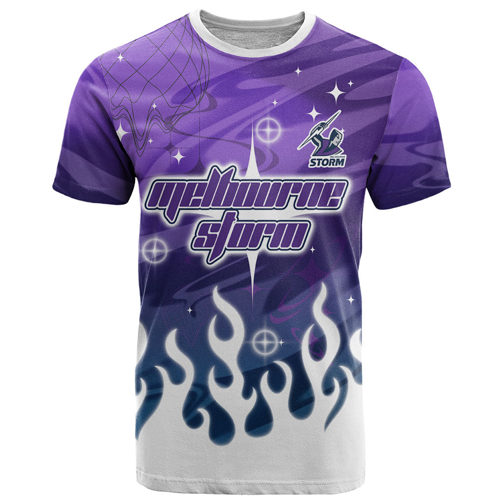 Personalized Melbourne Storm T Shirt Y2K Grunge Aesthetic With Cyber Flames and Starburst Graphics
