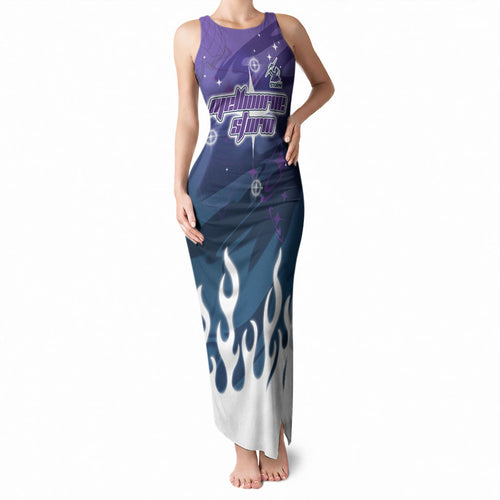 Personalized Melbourne Storm Tank Maxi Dress Y2K Grunge Aesthetic With Cyber Flames and Starburst Graphics