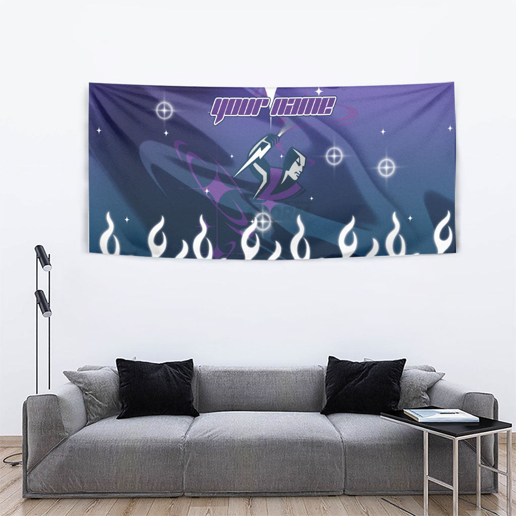 Personalized Melbourne Storm Tapestry Y2K Grunge Aesthetic With Cyber Flames and Starburst Graphics