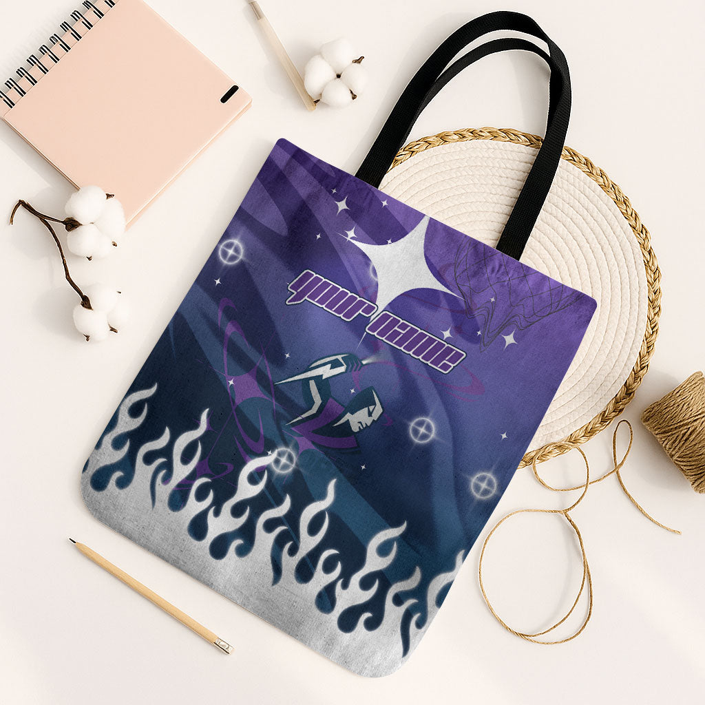 Personalized Melbourne Storm Tote Bag Y2K Grunge Aesthetic With Cyber Flames and Starburst Graphics