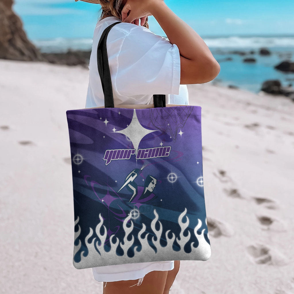 Personalized Melbourne Storm Tote Bag Y2K Grunge Aesthetic With Cyber Flames and Starburst Graphics