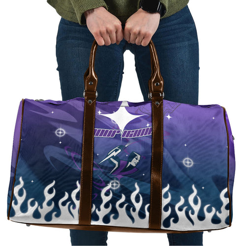Personalized Melbourne Storm Travel Bag Y2K Grunge Aesthetic With Cyber Flames and Starburst Graphics