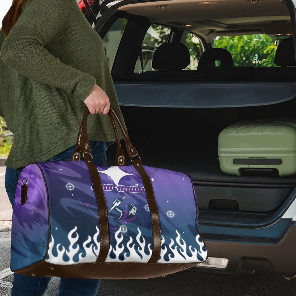 Personalized Melbourne Storm Travel Bag Y2K Grunge Aesthetic With Cyber Flames and Starburst Graphics