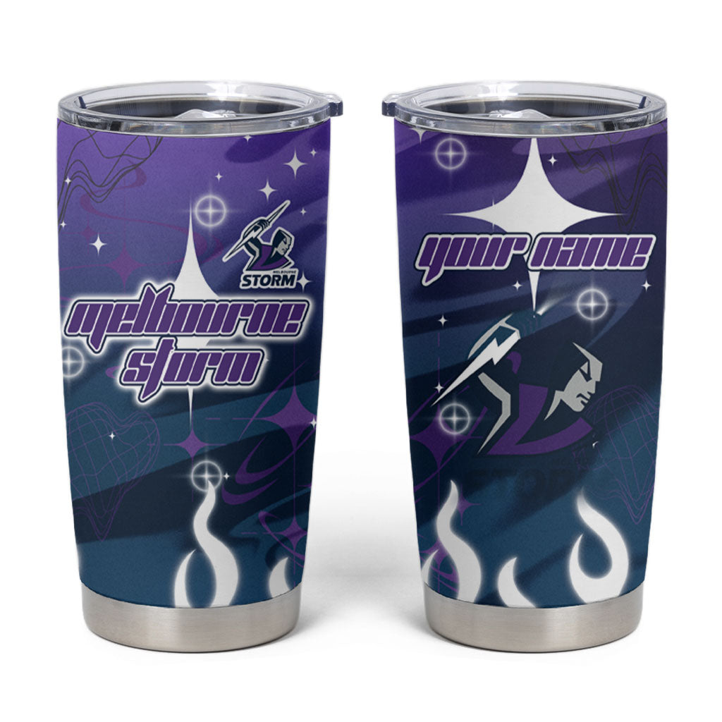 Personalized Melbourne Storm Tumbler Cup Y2K Grunge Aesthetic With Cyber Flames and Starburst Graphics