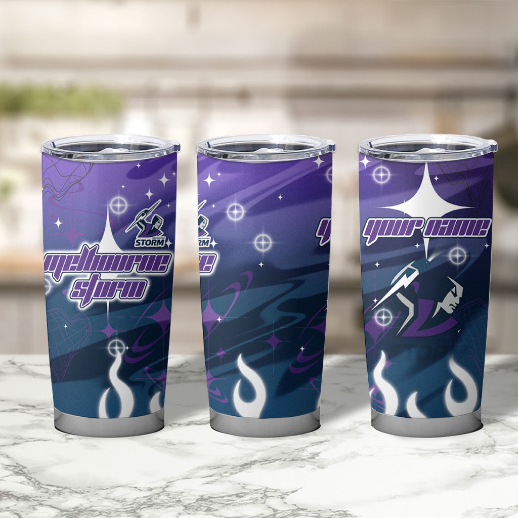 Personalized Melbourne Storm Tumbler Cup Y2K Grunge Aesthetic With Cyber Flames and Starburst Graphics