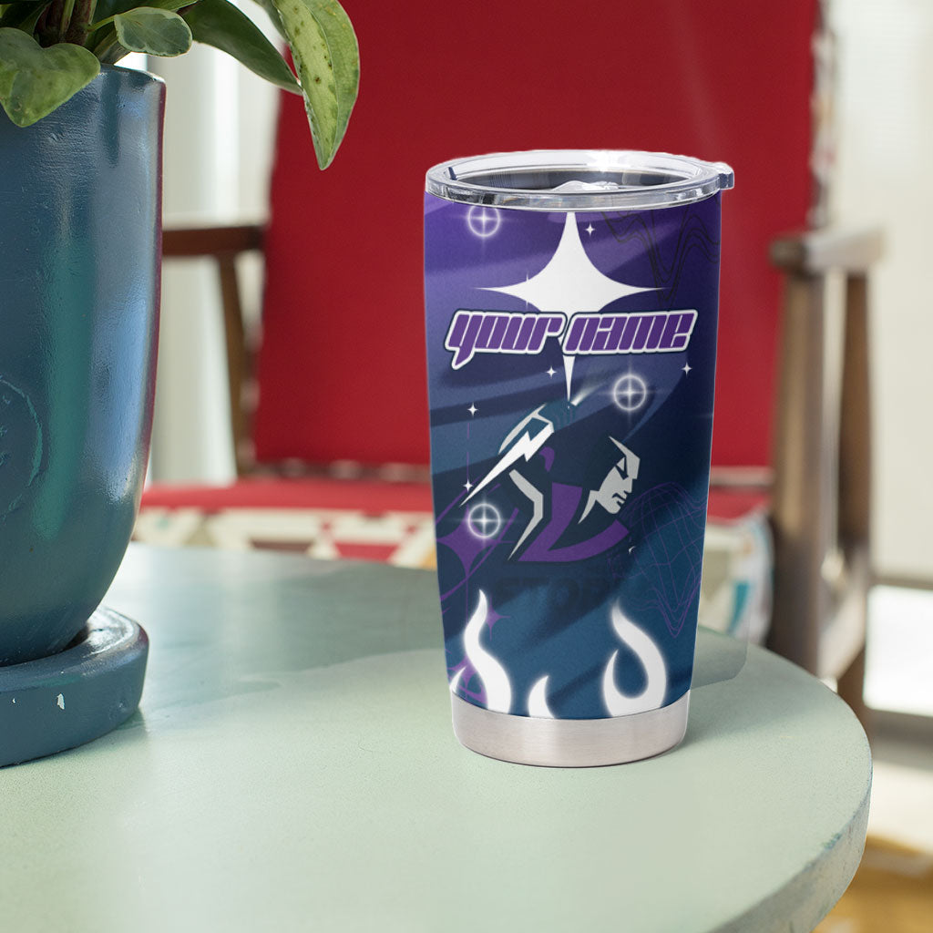 Personalized Melbourne Storm Tumbler Cup Y2K Grunge Aesthetic With Cyber Flames and Starburst Graphics