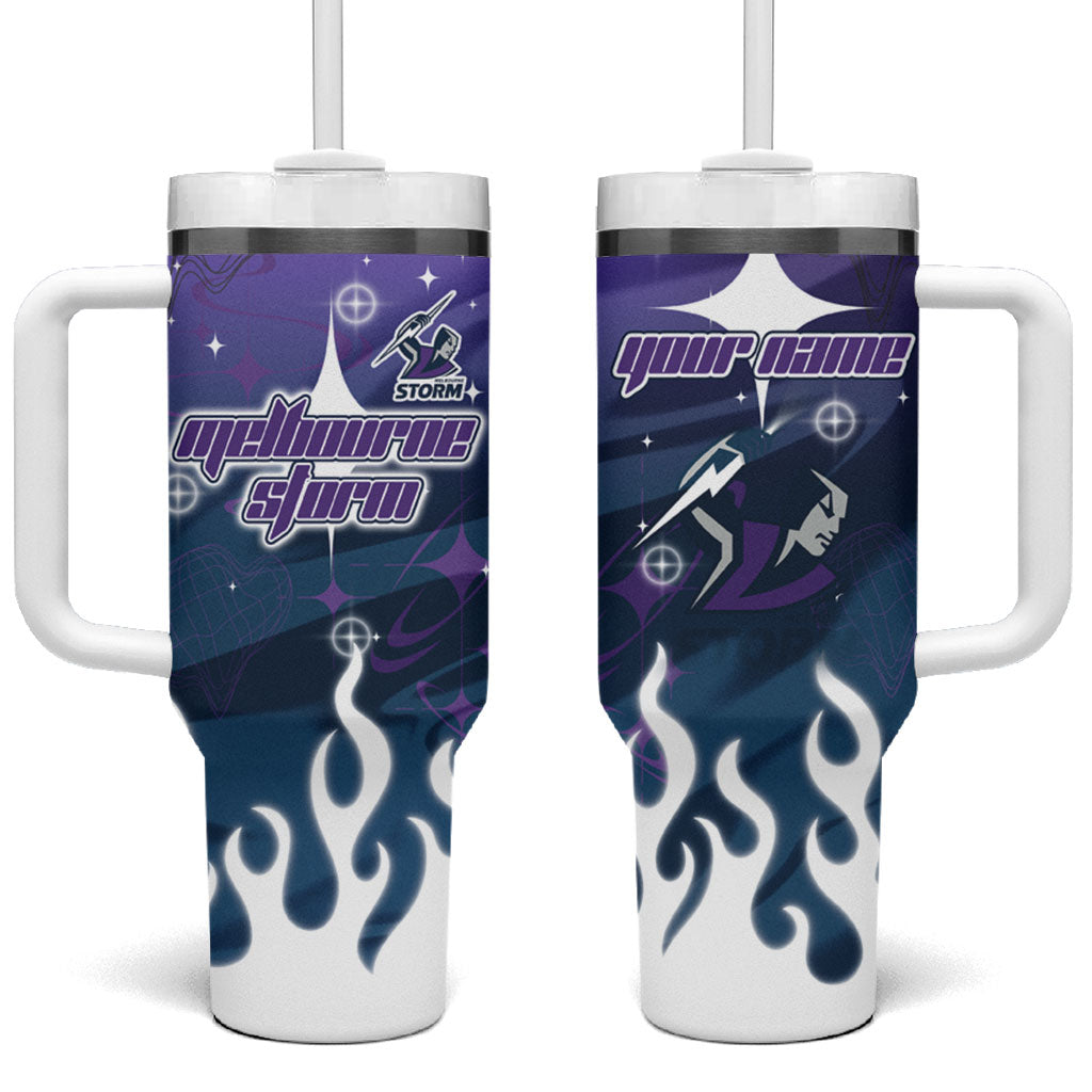 Personalized Melbourne Storm Tumbler With Handle Y2K Grunge Aesthetic With Cyber Flames and Starburst Graphics