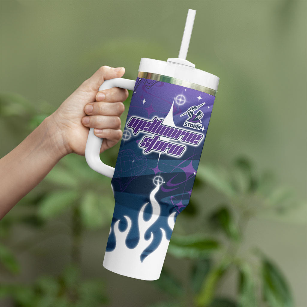 Personalized Melbourne Storm Tumbler With Handle Y2K Grunge Aesthetic With Cyber Flames and Starburst Graphics