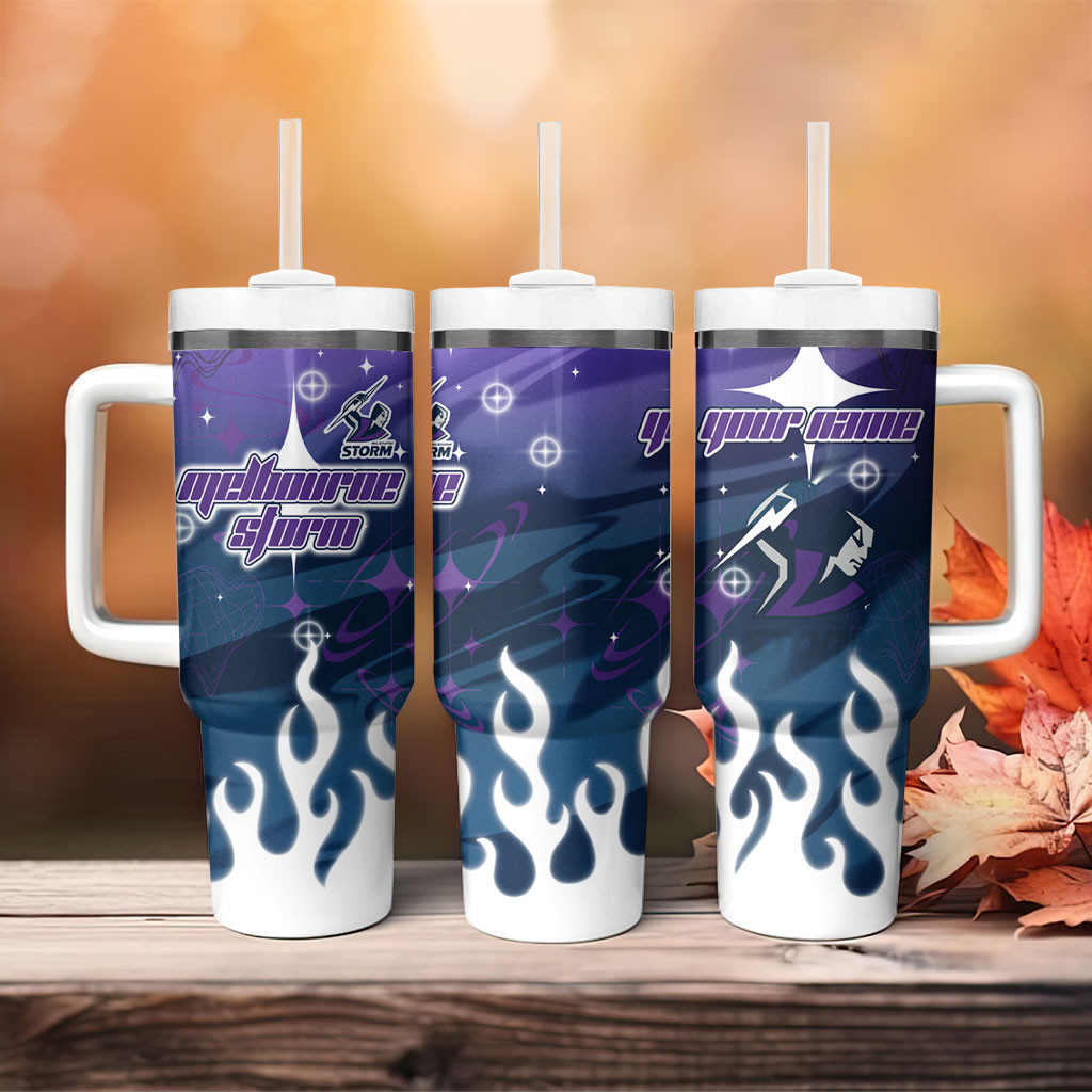 Personalized Melbourne Storm Tumbler With Handle Y2K Grunge Aesthetic With Cyber Flames and Starburst Graphics