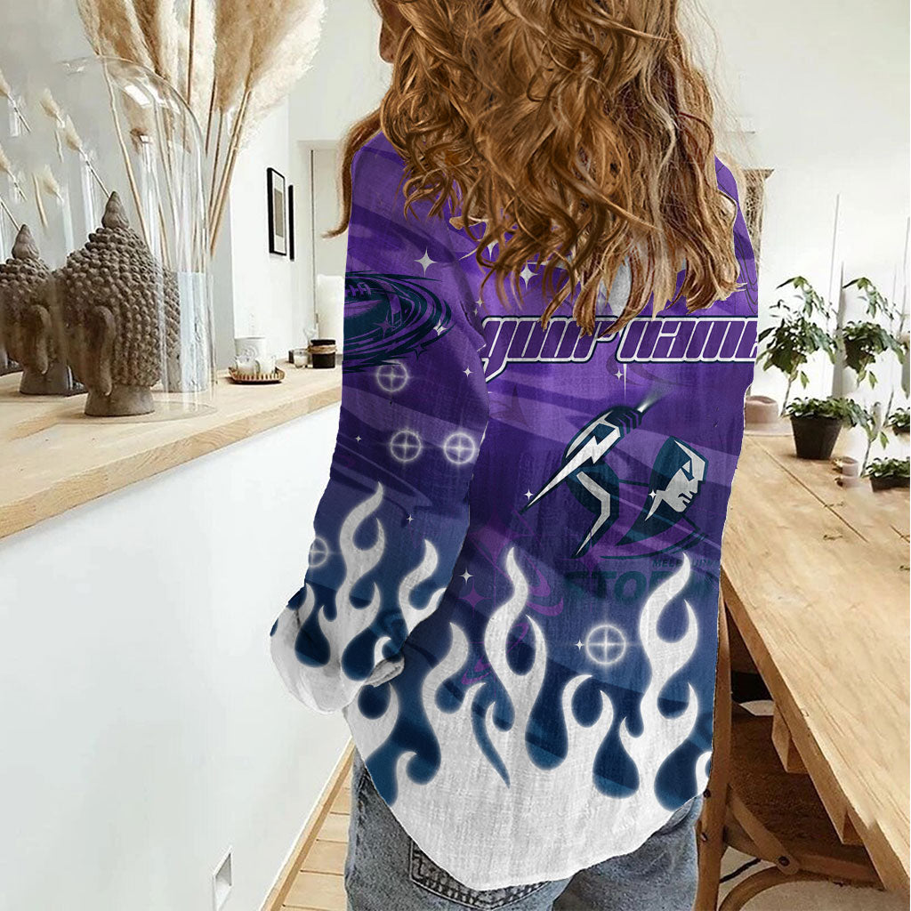 Personalized Melbourne Storm Women Casual Shirt Y2K Grunge Aesthetic With Cyber Flames and Starburst Graphics