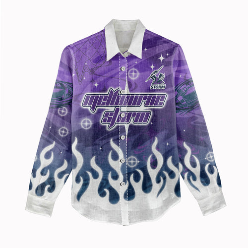Personalized Melbourne Storm Women Casual Shirt Y2K Grunge Aesthetic With Cyber Flames and Starburst Graphics