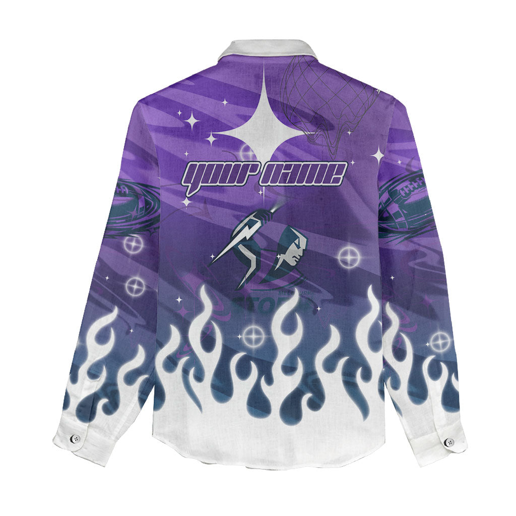 Personalized Melbourne Storm Women Casual Shirt Y2K Grunge Aesthetic With Cyber Flames and Starburst Graphics