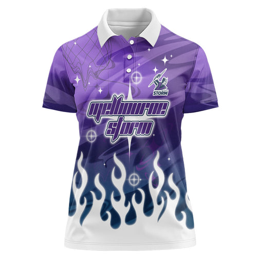 Personalized Melbourne Storm Women Polo Shirt Y2K Grunge Aesthetic With Cyber Flames and Starburst Graphics