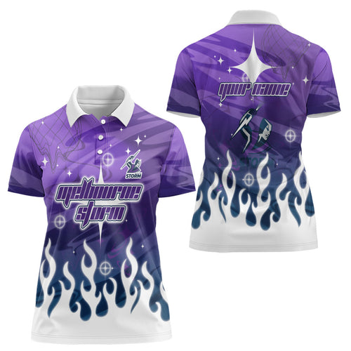 Personalized Melbourne Storm Women Polo Shirt Y2K Grunge Aesthetic With Cyber Flames and Starburst Graphics