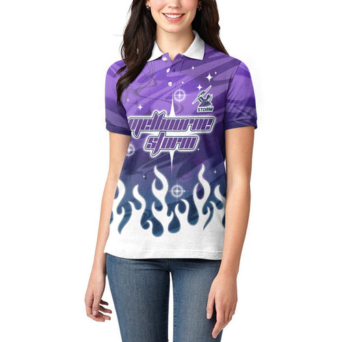 Personalized Melbourne Storm Women Polo Shirt Y2K Grunge Aesthetic With Cyber Flames and Starburst Graphics