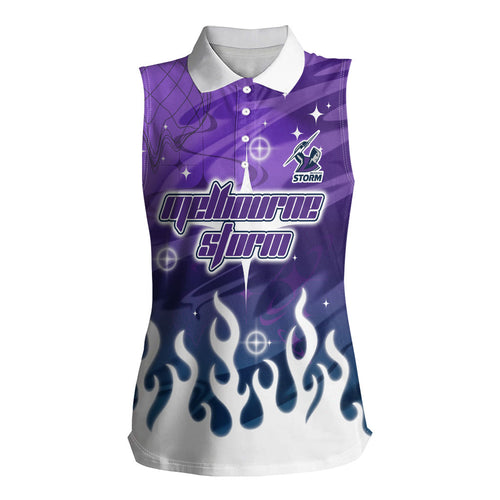 Personalized Melbourne Storm Women Sleeveless Polo Shirt Y2K Grunge Aesthetic With Cyber Flames and Starburst Graphics