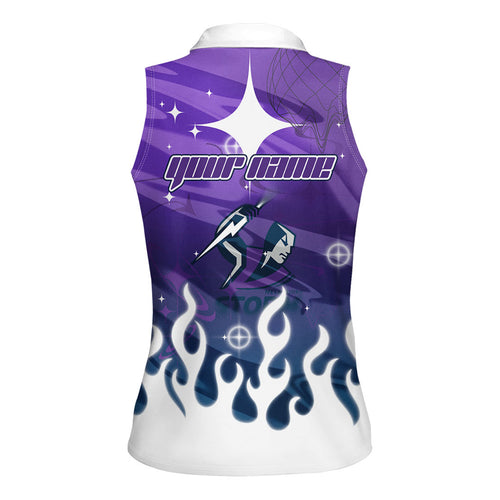 Personalized Melbourne Storm Women Sleeveless Polo Shirt Y2K Grunge Aesthetic With Cyber Flames and Starburst Graphics