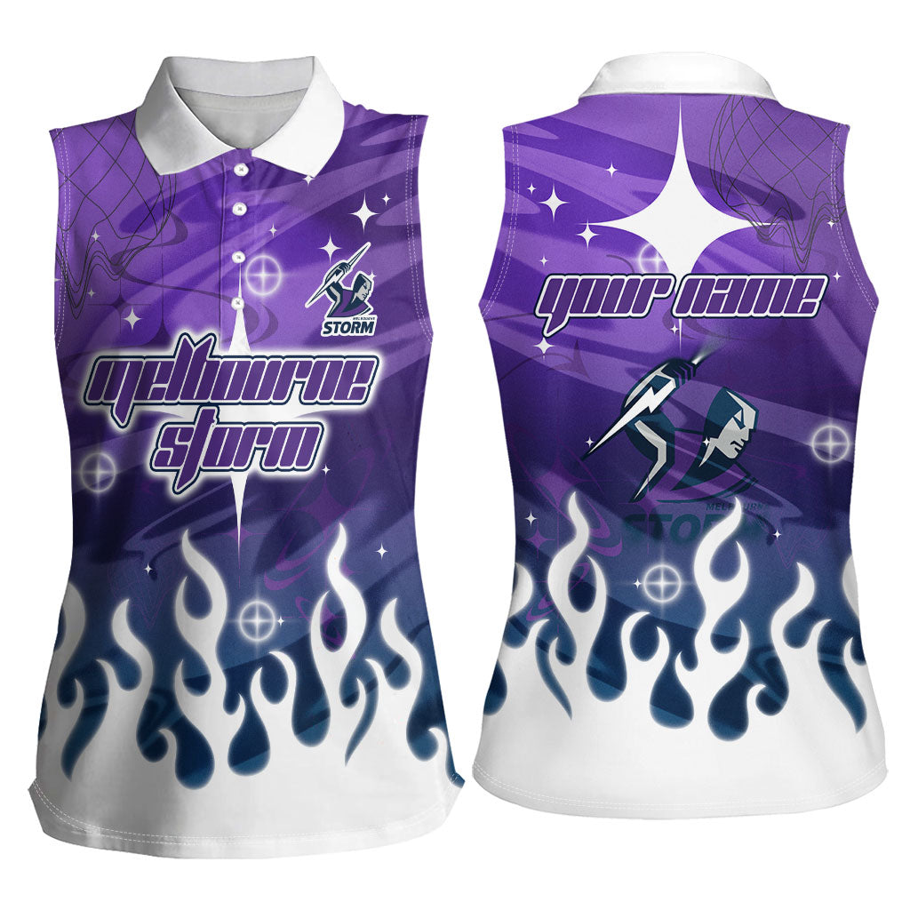 Personalized Melbourne Storm Women Sleeveless Polo Shirt Y2K Grunge Aesthetic With Cyber Flames and Starburst Graphics