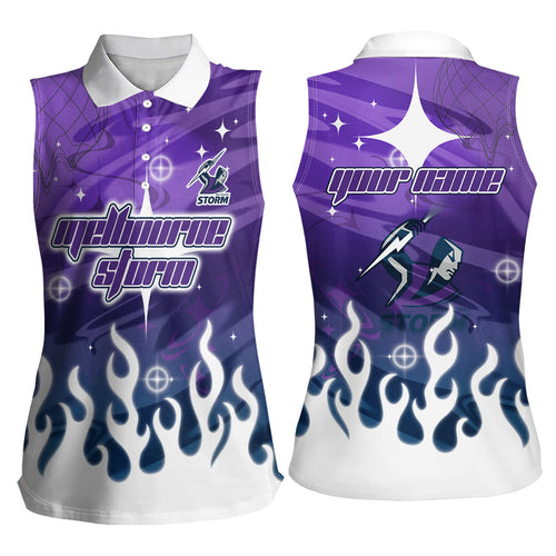 Personalized Melbourne Storm Women Sleeveless Polo Shirt Y2K Grunge Aesthetic With Cyber Flames and Starburst Graphics