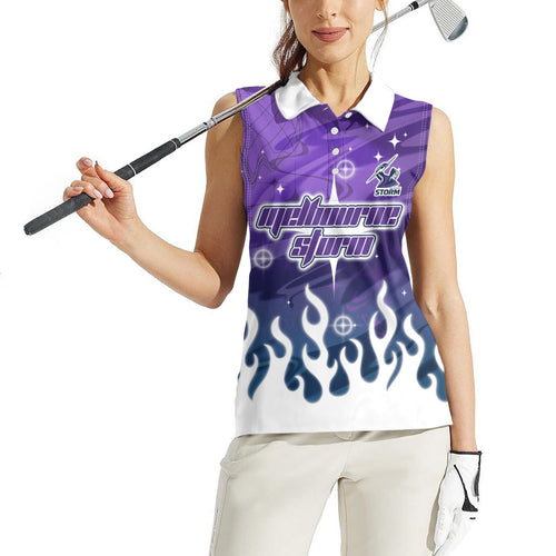 Personalized Melbourne Storm Women Sleeveless Polo Shirt Y2K Grunge Aesthetic With Cyber Flames and Starburst Graphics
