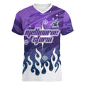 Personalized Melbourne Storm Women V-Neck T-Shirt Y2K Grunge Aesthetic With Cyber Flames and Starburst Graphics