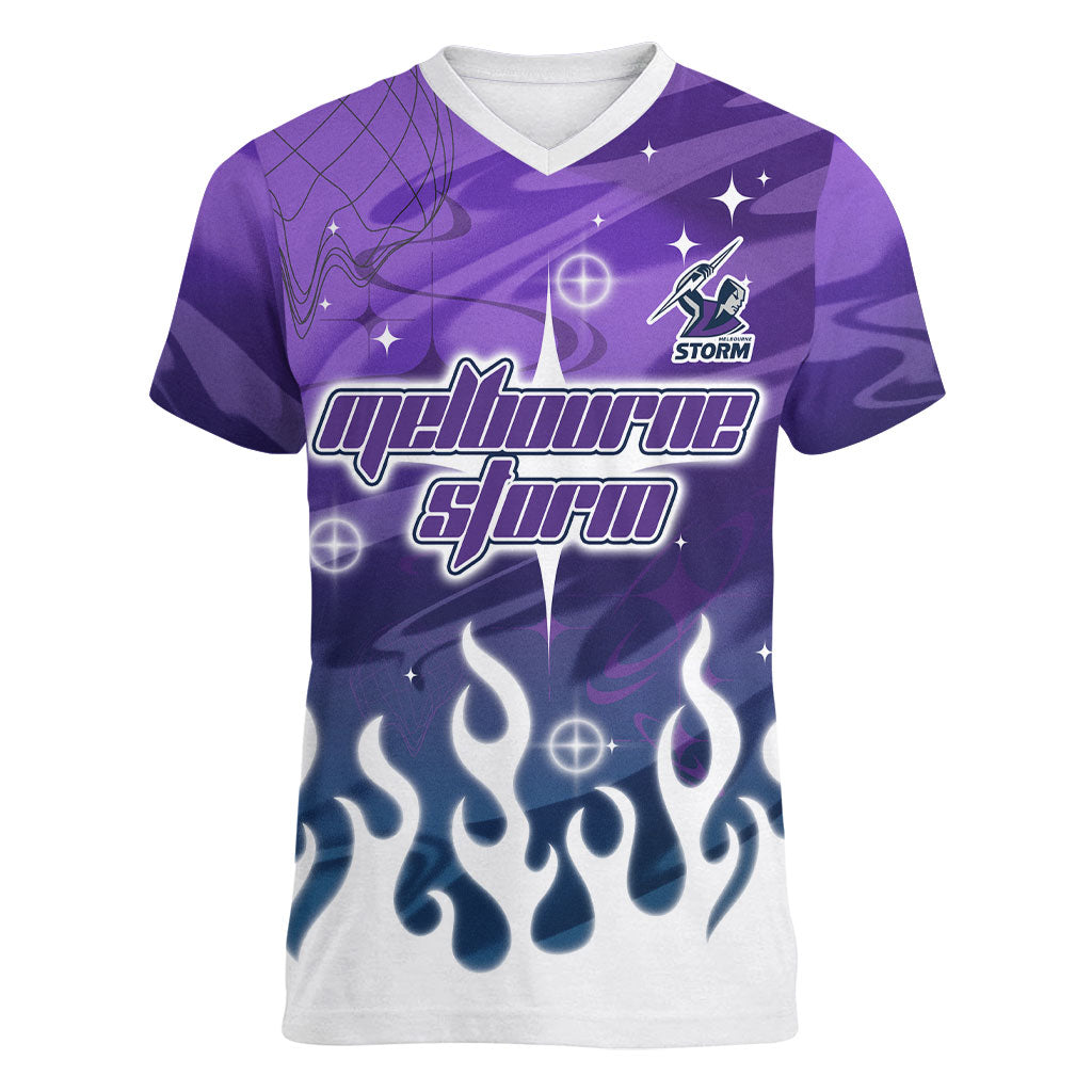 Personalized Melbourne Storm Women V-Neck T-Shirt Y2K Grunge Aesthetic With Cyber Flames and Starburst Graphics