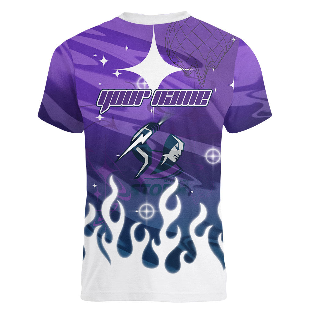 Personalized Melbourne Storm Women V-Neck T-Shirt Y2K Grunge Aesthetic With Cyber Flames and Starburst Graphics