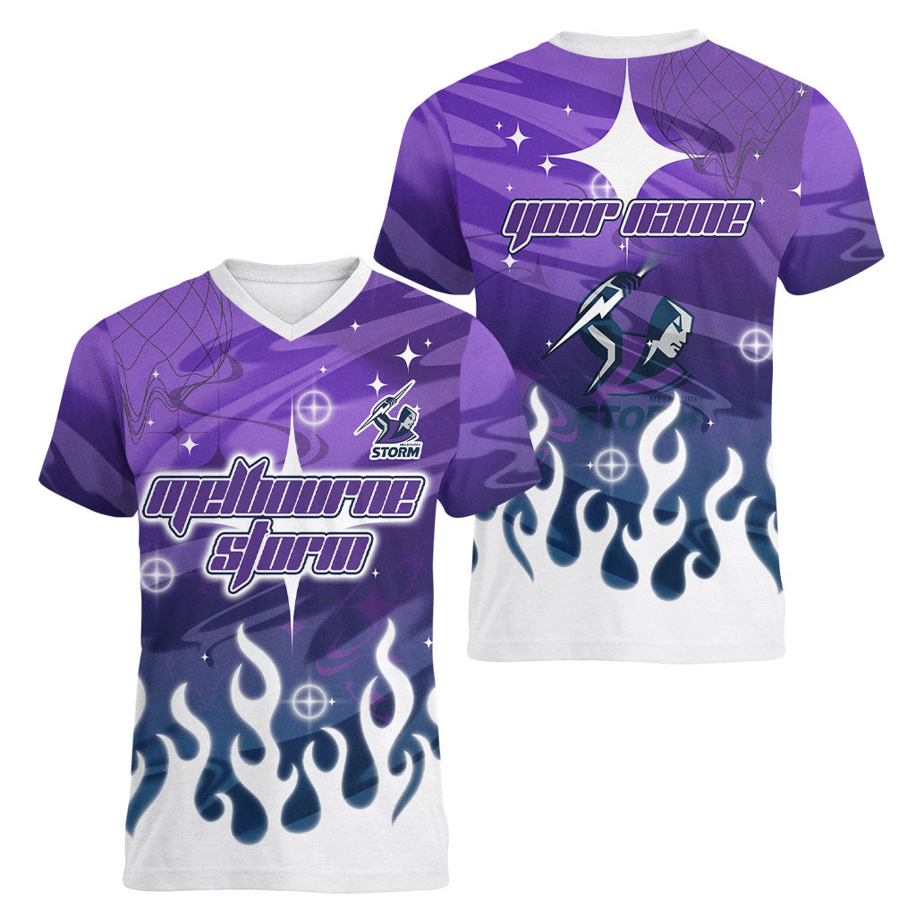 Personalized Melbourne Storm Women V-Neck T-Shirt Y2K Grunge Aesthetic With Cyber Flames and Starburst Graphics
