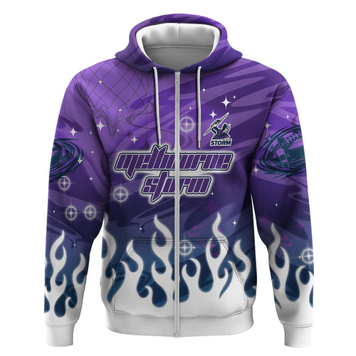 Personalized Melbourne Storm Zip Hoodie Y2K Grunge Aesthetic With Cyber Flames and Starburst Graphics