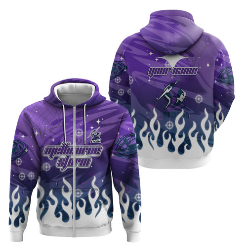 Personalized Melbourne Storm Zip Hoodie Y2K Grunge Aesthetic With Cyber Flames and Starburst Graphics