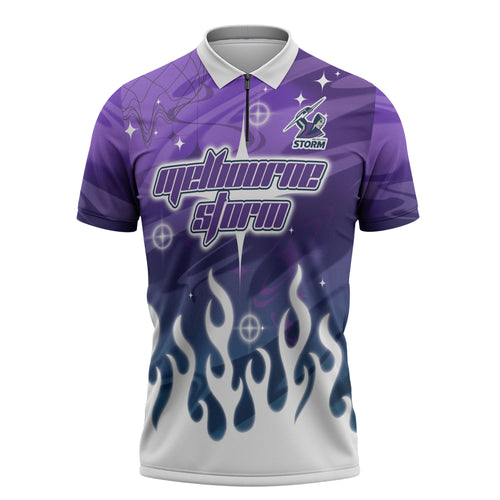 Personalized Melbourne Storm Zipper Polo Shirt Y2K Grunge Aesthetic With Cyber Flames and Starburst Graphics