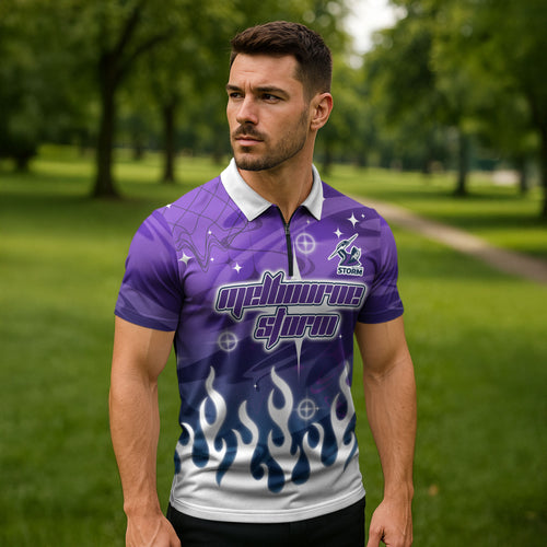Personalized Melbourne Storm Zipper Polo Shirt Y2K Grunge Aesthetic With Cyber Flames and Starburst Graphics
