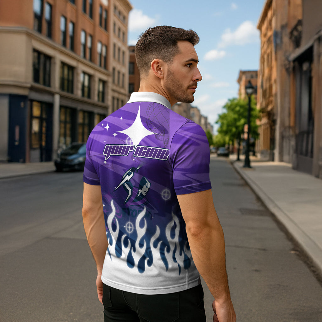 Personalized Melbourne Storm Zipper Polo Shirt Y2K Grunge Aesthetic With Cyber Flames and Starburst Graphics