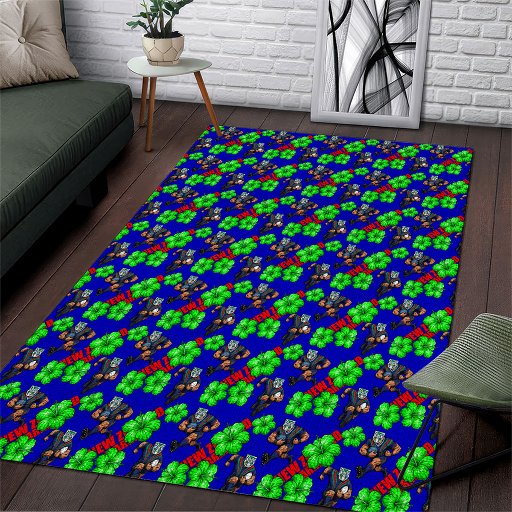 New Zealand Warriors Area Rug Tropical Hibiscus Floral Seamless Rugby Mascot