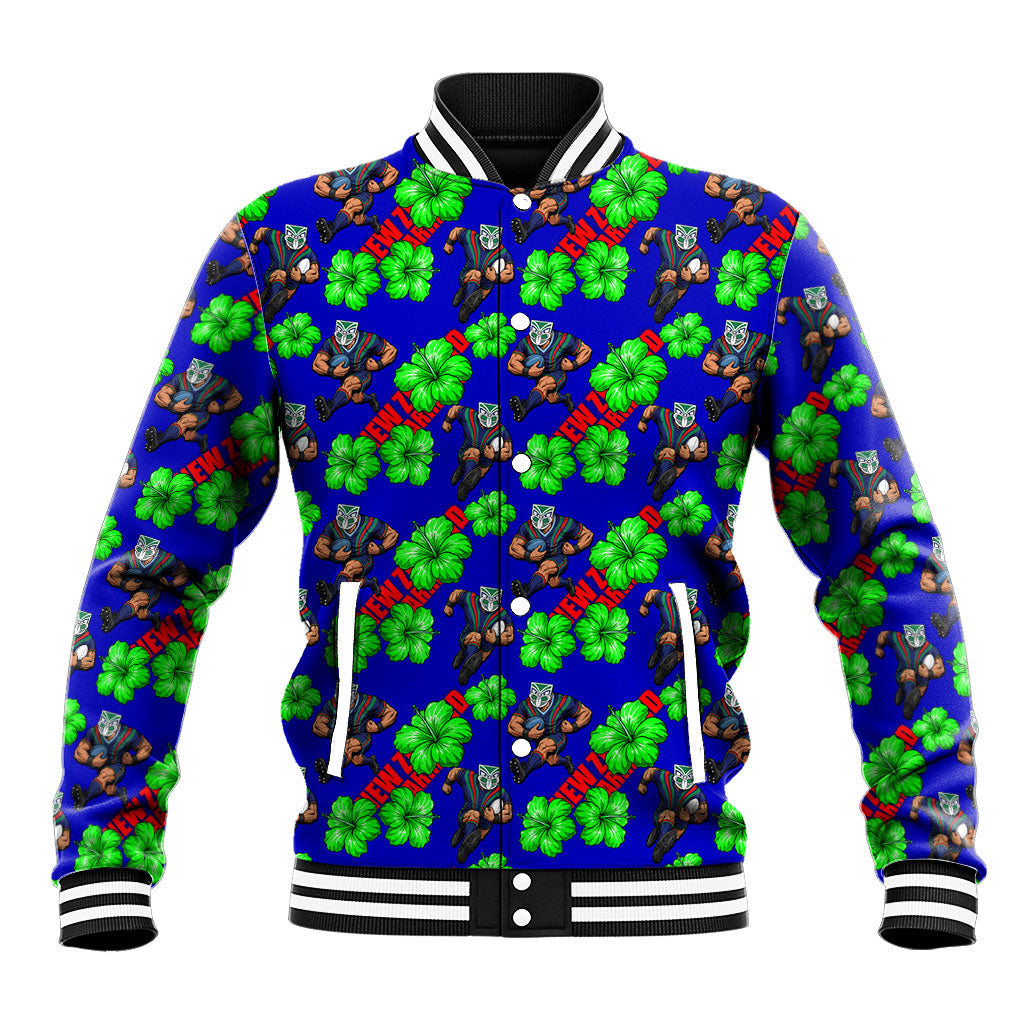 New Zealand Warriors Baseball Jacket Tropical Hibiscus Floral Seamless Rugby Mascot