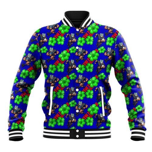 New Zealand Warriors Baseball Jacket Tropical Hibiscus Floral Seamless Rugby Mascot