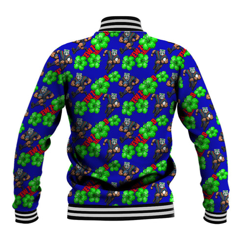 New Zealand Warriors Baseball Jacket Tropical Hibiscus Floral Seamless Rugby Mascot