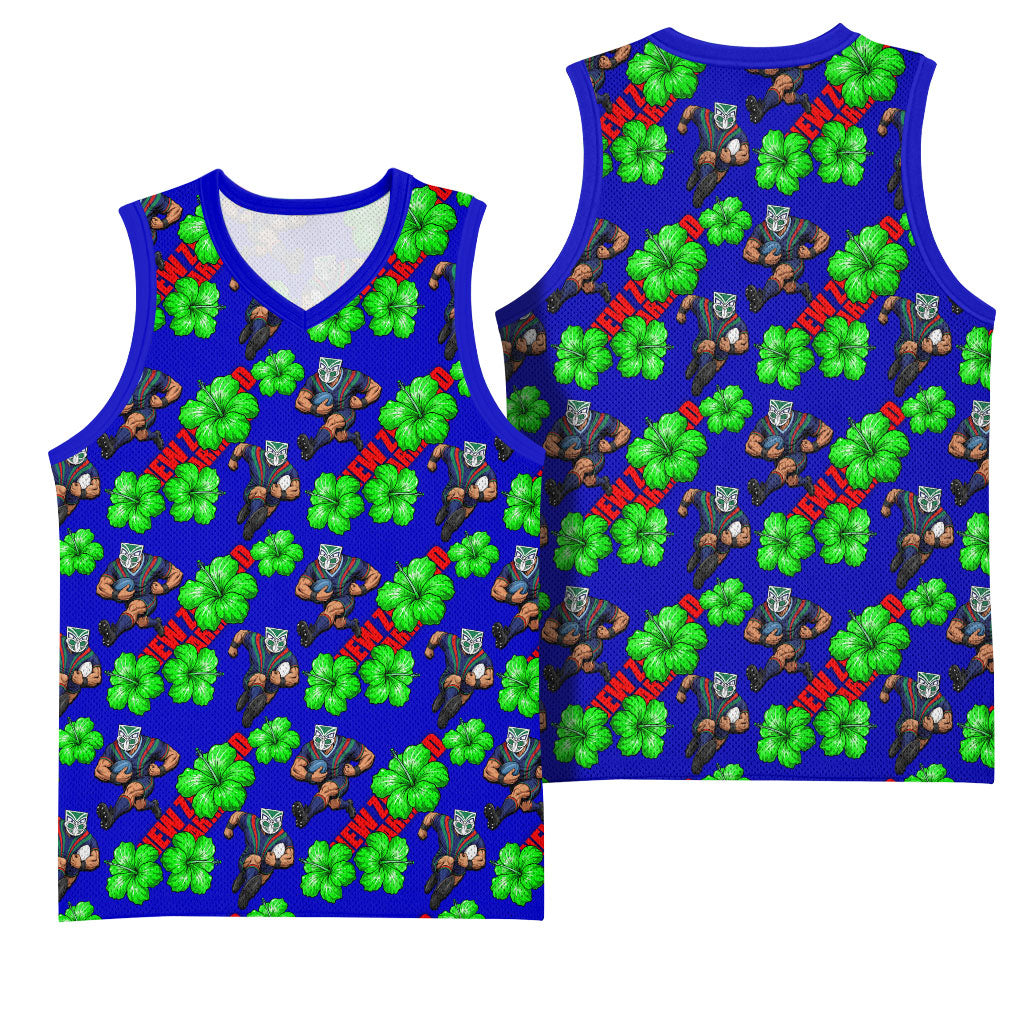 New Zealand Warriors Basketball Jersey Tropical Hibiscus Floral Seamless Rugby Mascot