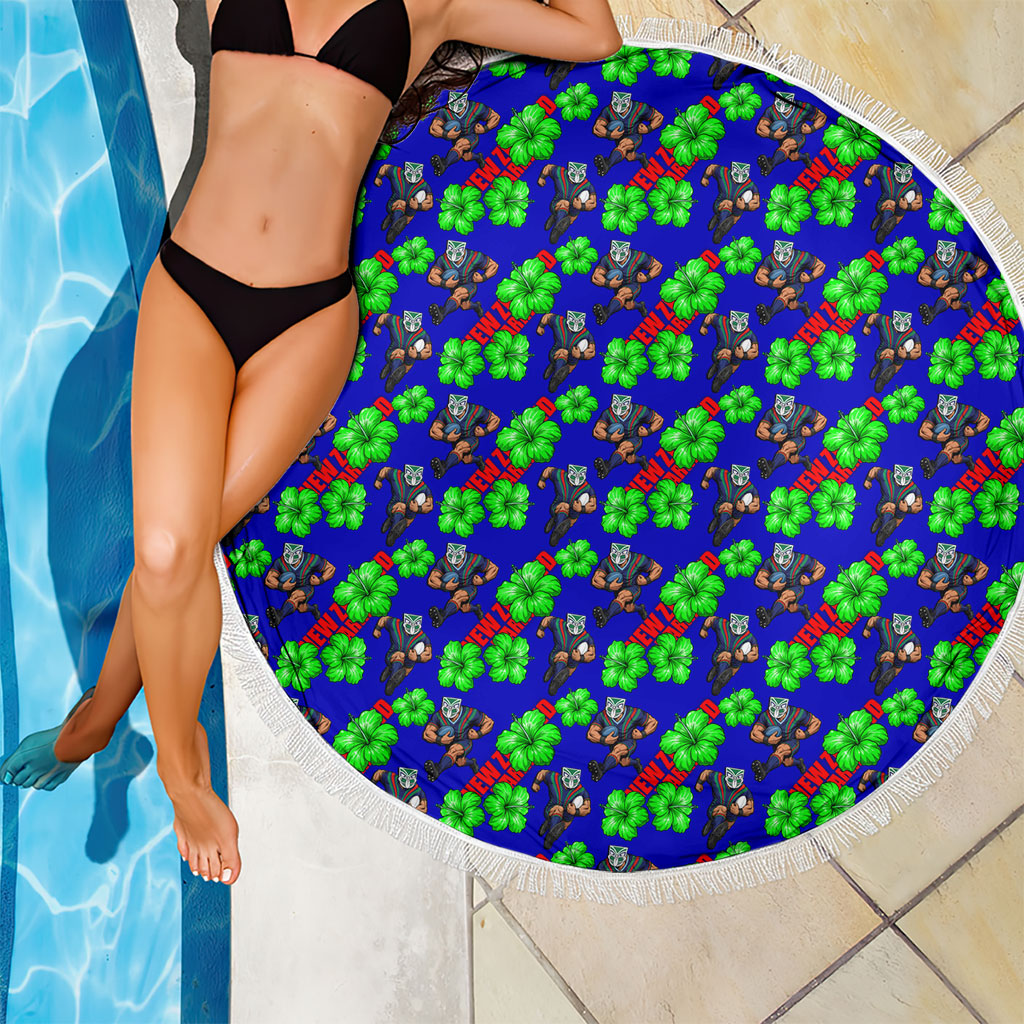 New Zealand Warriors Beach Blanket Tropical Hibiscus Floral Seamless Rugby Mascot