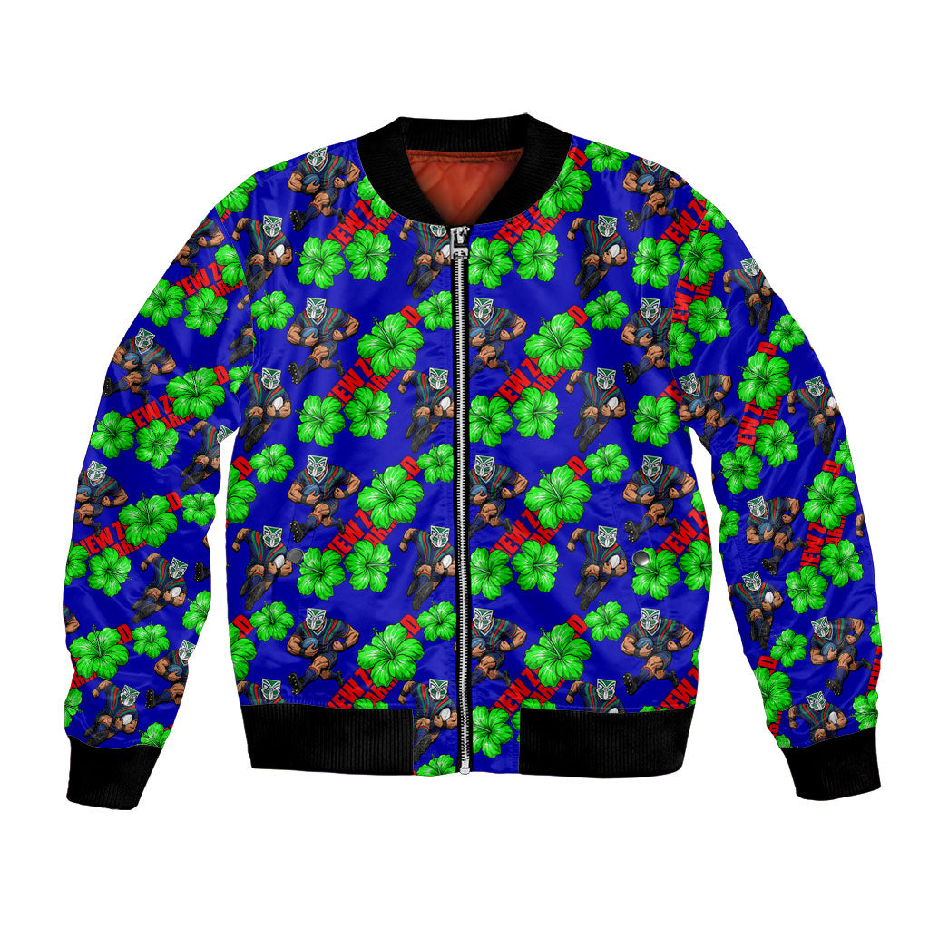 New Zealand Warriors Bomber Jacket Tropical Hibiscus Floral Seamless Rugby Mascot